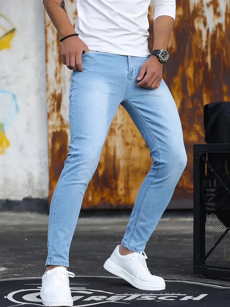 Man Pants Retro Washing Zipper Stretch Jeans Casual Slim Fit