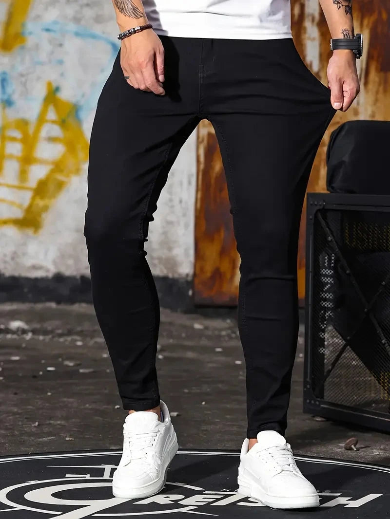 Man Pants Retro Washing Zipper Stretch Jeans Casual Slim Fit