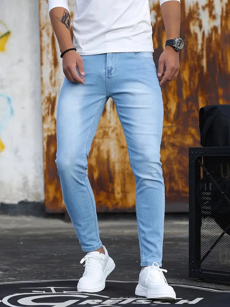 Man Pants Retro Washing Zipper Stretch Jeans Casual Slim Fit